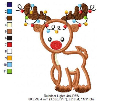 Christmas Reindeer with Lights 🦌🎄 – Applique - Machine Embroidery Design