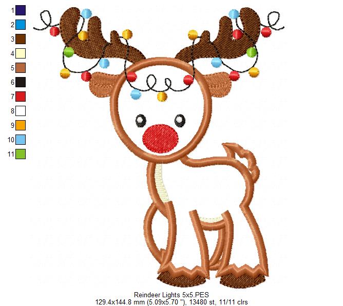 Christmas Reindeer with Lights 🦌🎄 – Applique - Machine Embroidery Design
