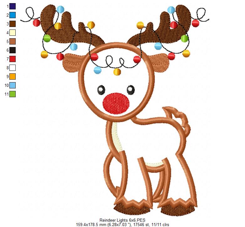 Christmas Reindeer with Lights 🦌🎄 – Applique - Machine Embroidery Design