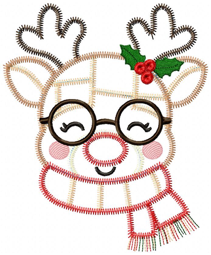 Merry Patchwork Reindeer - Zigzag Patchwork Applique - Machine Embroidery Design