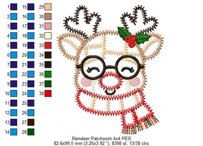 Merry Patchwork Reindeer - Zigzag Patchwork Applique - Machine Embroidery Design