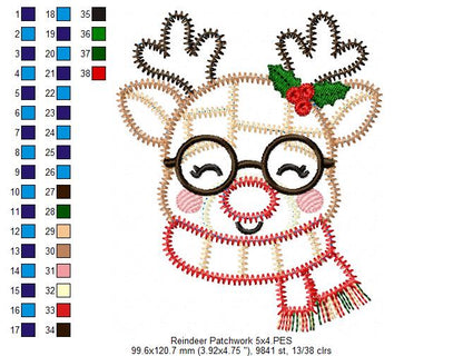 Merry Patchwork Reindeer - Zigzag Patchwork Applique - Machine Embroidery Design