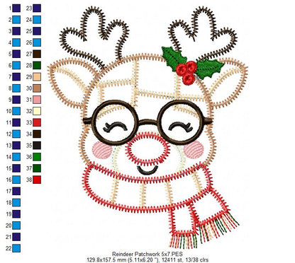 Merry Patchwork Reindeer - Zigzag Patchwork Applique - Machine Embroidery Design
