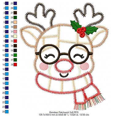 Merry Patchwork Reindeer - Zigzag Patchwork Applique - Machine Embroidery Design