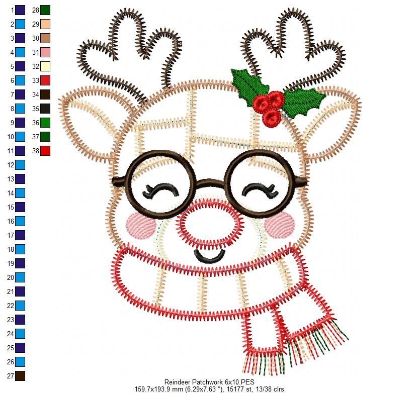 Merry Patchwork Reindeer - Zigzag Patchwork Applique - Machine Embroidery Design