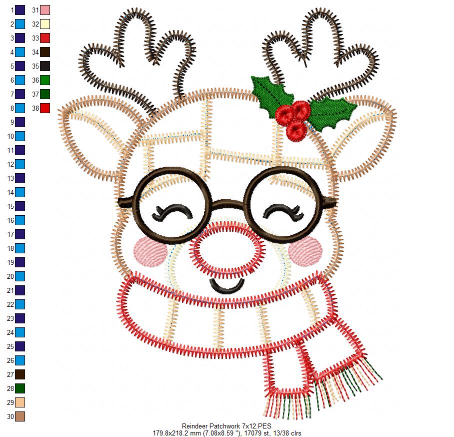 Merry Patchwork Reindeer - Zigzag Patchwork Applique - Machine Embroidery Design