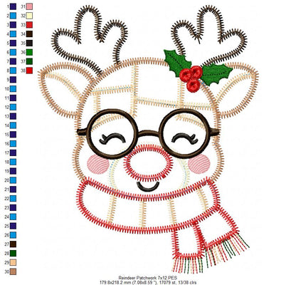 Merry Patchwork Reindeer - Zigzag Patchwork Applique - Machine Embroidery Design