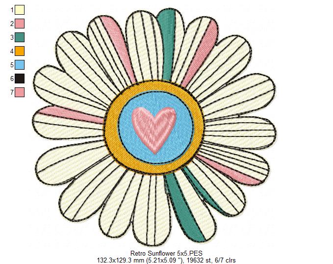 Retro Sunflower - Rippled Stitch - Machine Embroidery Design