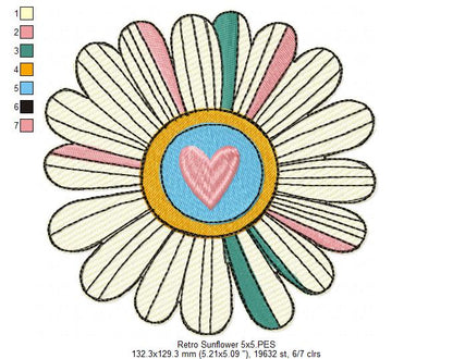 Retro Sunflower - Rippled Stitch - Machine Embroidery Design