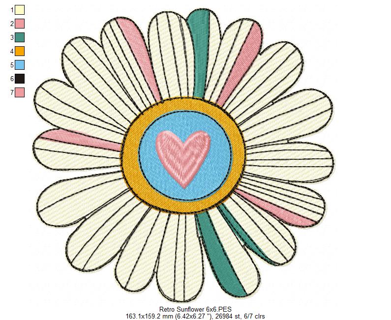 Retro Sunflower - Rippled Stitch - Machine Embroidery Design