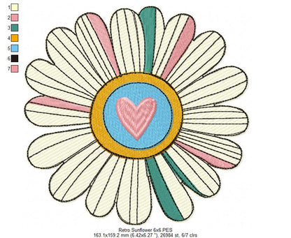 Retro Sunflower - Rippled Stitch - Machine Embroidery Design