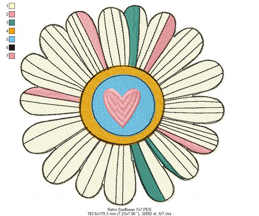 Retro Sunflower - Rippled Stitch - Machine Embroidery Design