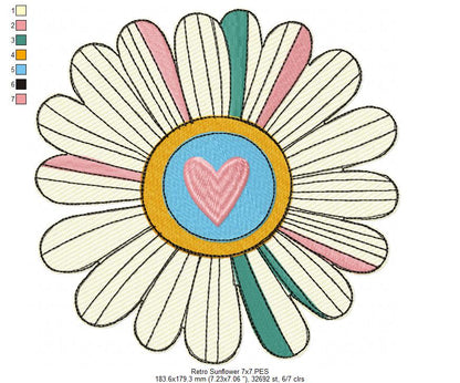 Retro Sunflower - Rippled Stitch - Machine Embroidery Design