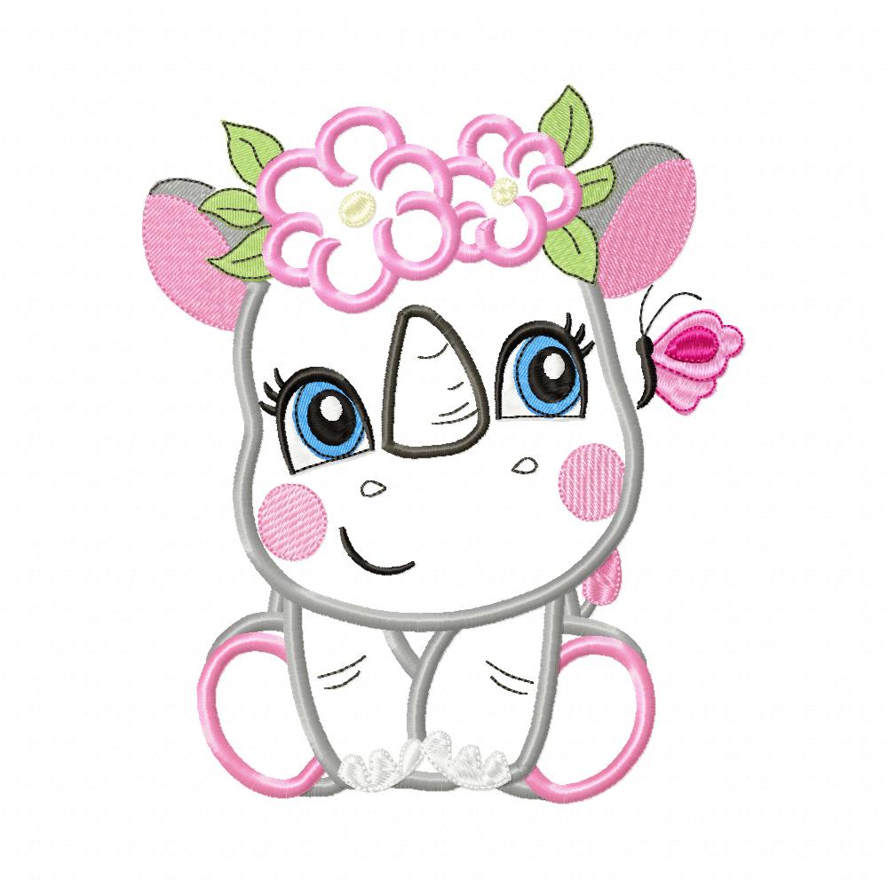 Sweet Rhino With Flowers Collection – Applique & Fill Stitch – Machine Embroidery Design