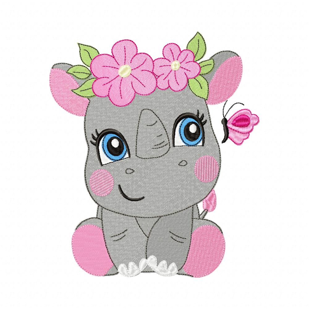 Sweet Rhino With Flowers Collection – Applique & Fill Stitch – Machine Embroidery Design