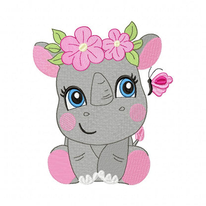 Sweet Rhino With Flowers Collection – Applique & Fill Stitch – Machine Embroidery Design