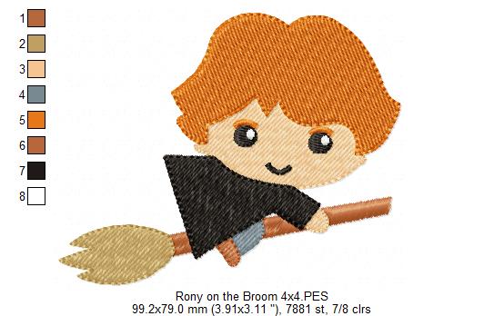 Wizard Boy Ginger Hair on the Broom - Fill Stitch Embroidery