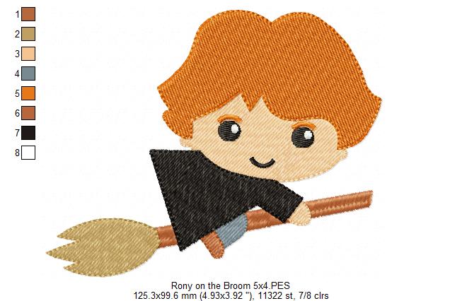 Wizard Boy Ginger Hair on the Broom - Fill Stitch Embroidery