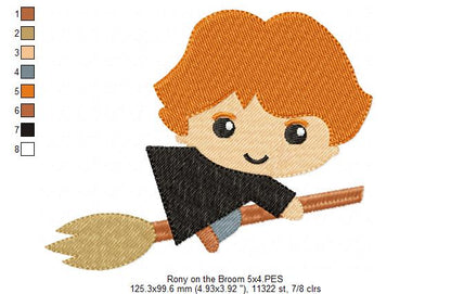 Wizard Boy Ginger Hair on the Broom - Fill Stitch Embroidery