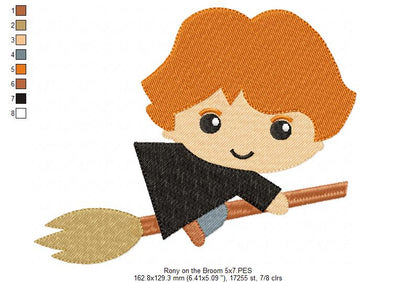 Wizard Boy Ginger Hair on the Broom - Fill Stitch Embroidery