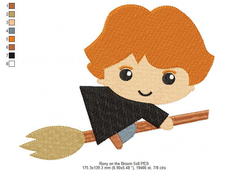 Wizard Boy Ginger Hair on the Broom - Fill Stitch Embroidery