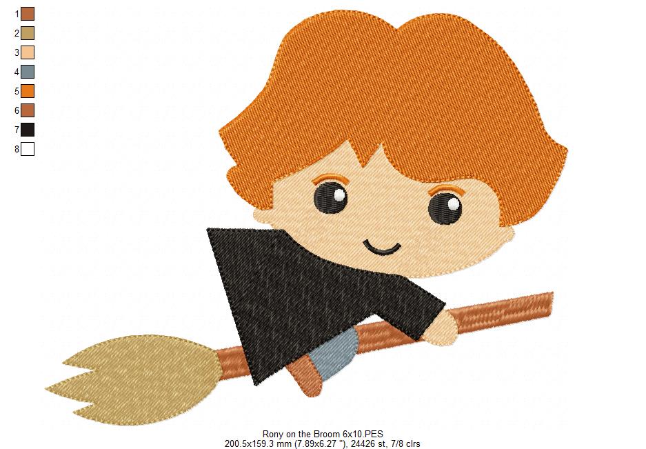Wizard Boy Ginger Hair on the Broom - Fill Stitch Embroidery