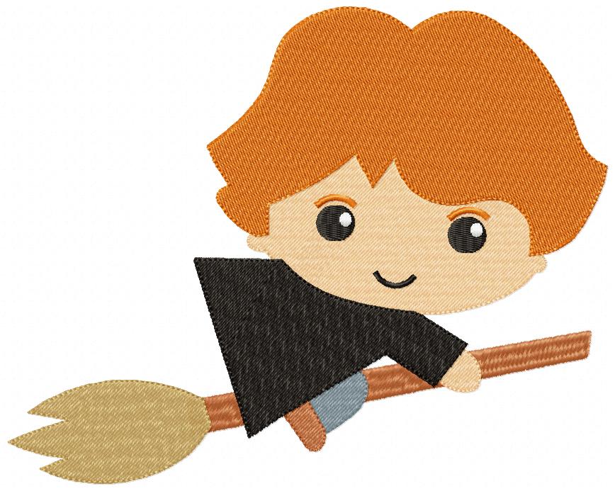 Wizard Boy Ginger Hair on the Broom - Fill Stitch Embroidery