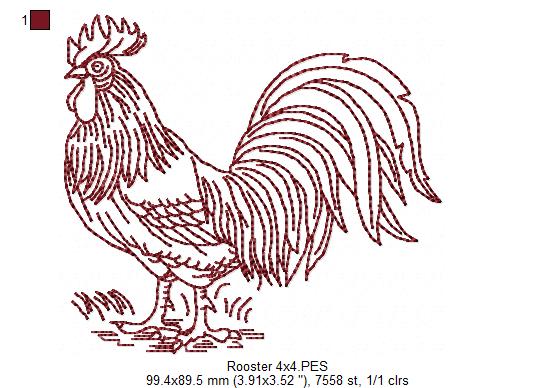Rooster - Redwork - Machine Embroidery Design