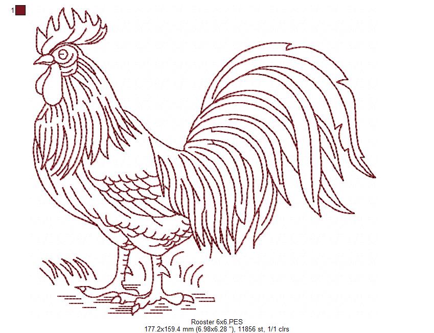 Rooster - Redwork - Machine Embroidery Design