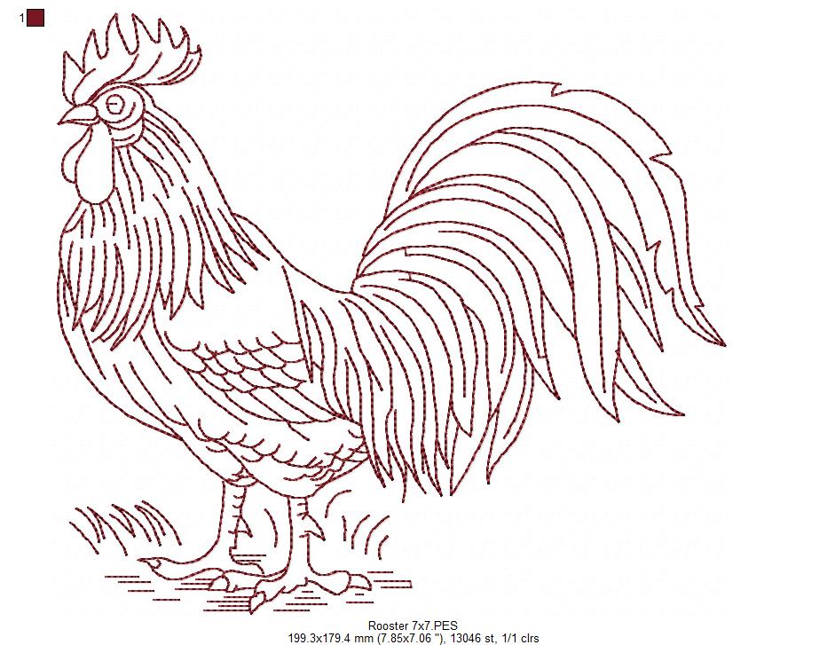 Rooster - Redwork - Machine Embroidery Design