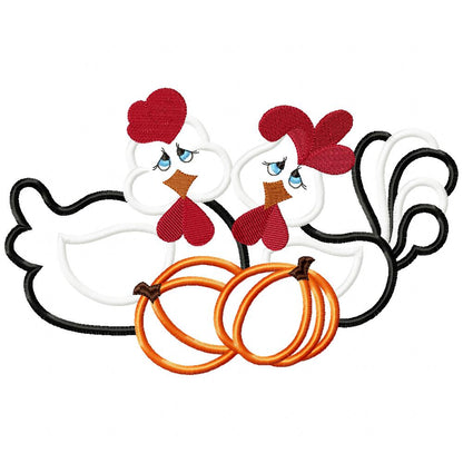 Chicken, Rooster and Pumpkins - Applique - Machine Embroidery Design