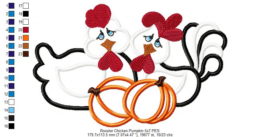 Chicken, Rooster and Pumpkins - Applique - Machine Embroidery Design