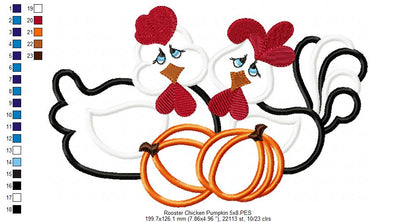 Chicken, Rooster and Pumpkins - Applique - Machine Embroidery Design