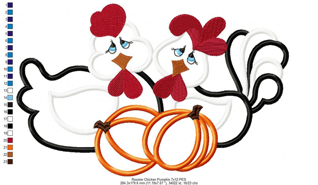 Chicken, Rooster and Pumpkins - Applique - Machine Embroidery Design