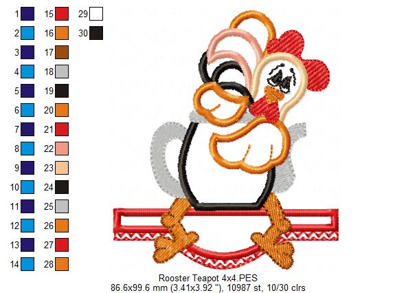 Rooster and Teapot - Applique - Machine Embroidery Design