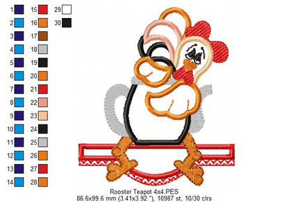 Rooster and Teapot - Applique - Machine Embroidery Design