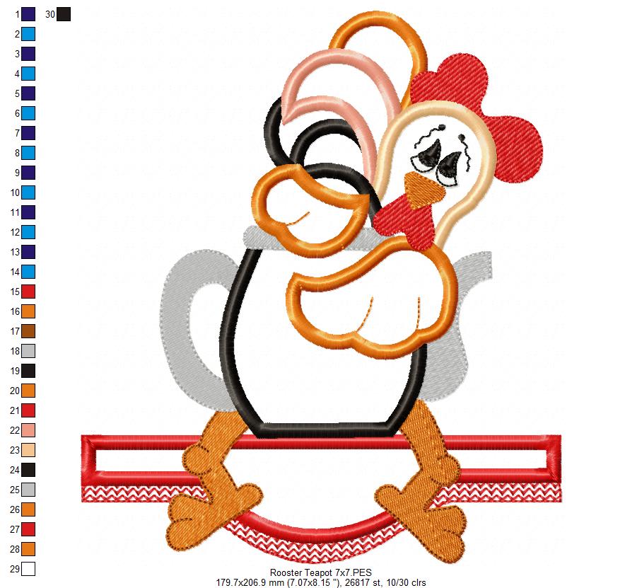 Rooster and Teapot - Applique - Machine Embroidery Design