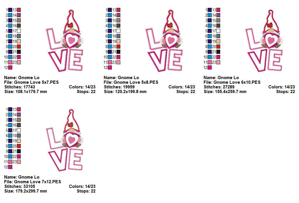 Valentine Gnome LOVE 💘 – Applique - Machine Embroidery Design