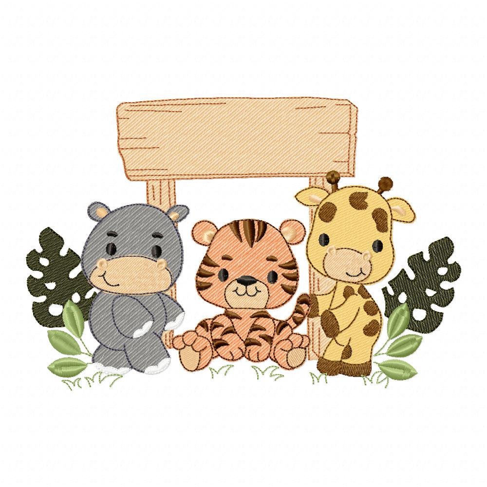 Animals Safari Hippo, Tiger and Giraffe - Fill Stitch - Machine Embroidery Design