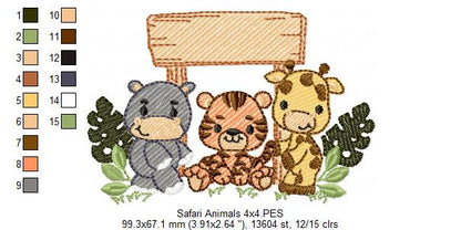 Animals Safari Hippo, Tiger and Giraffe - Fill Stitch - Machine Embroidery Design
