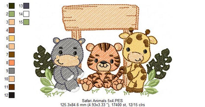 Animals Safari Hippo, Tiger and Giraffe - Fill Stitch - Machine Embroidery Design