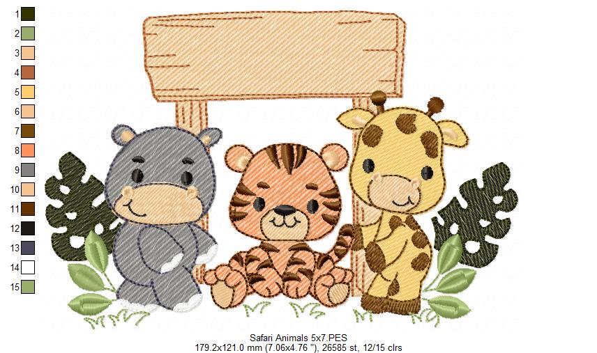 Animals Safari Hippo, Tiger and Giraffe - Fill Stitch - Machine Embroidery Design