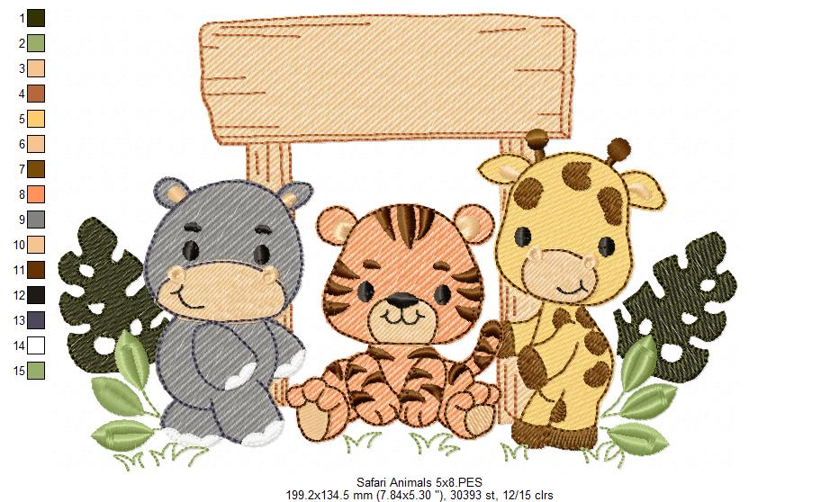 Animals Safari Hippo, Tiger and Giraffe - Fill Stitch - Machine Embroidery Design