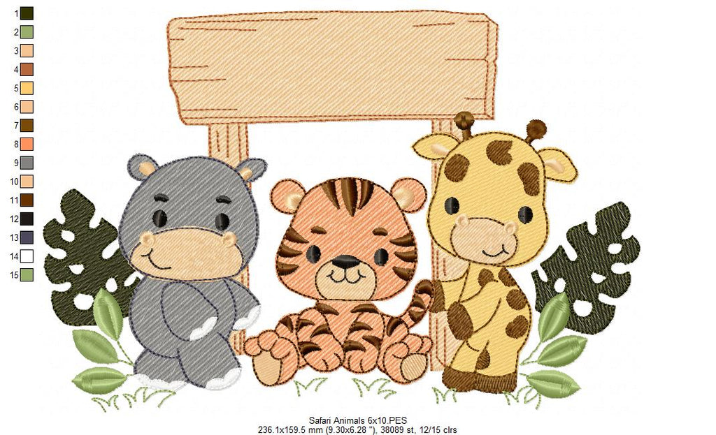 Animals Safari Hippo, Tiger and Giraffe - Fill Stitch - Machine Embroidery Design