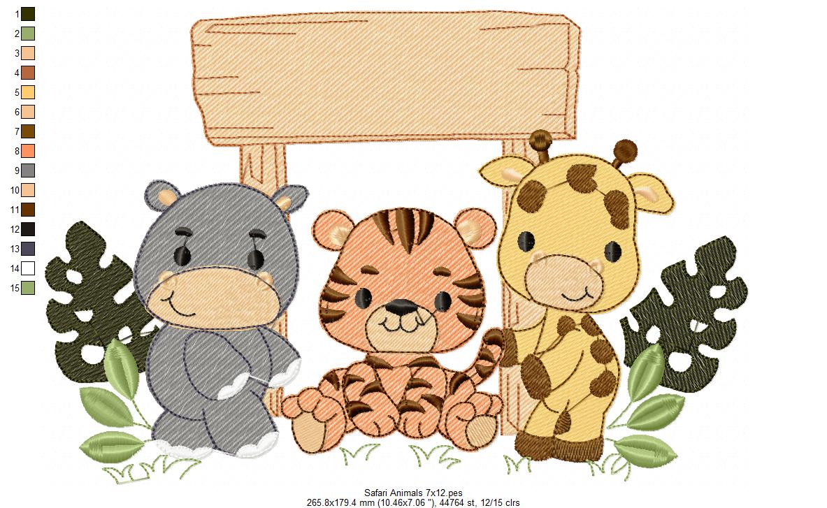 Animals Safari Hippo, Tiger and Giraffe - Fill Stitch - Machine Embroidery Design