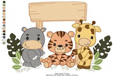 Animals Safari Hippo, Tiger and Giraffe - Fill Stitch - Machine Embroidery Design
