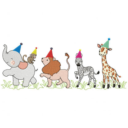 Animals Safari Birthday Parade - Fill Stitch - Machine Embroidery Design