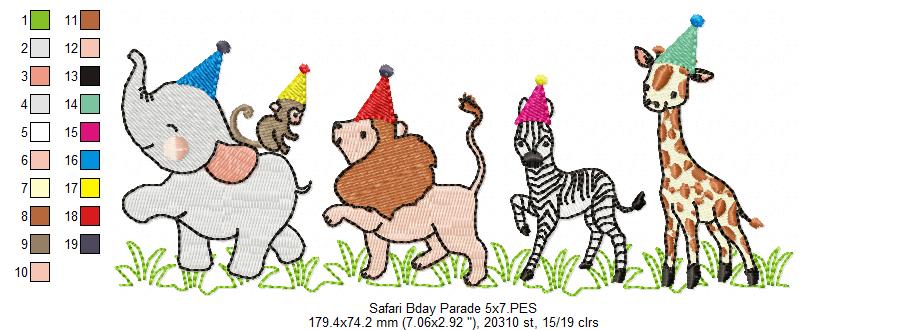 Animals Safari Birthday Parade - Fill Stitch - Machine Embroidery Design