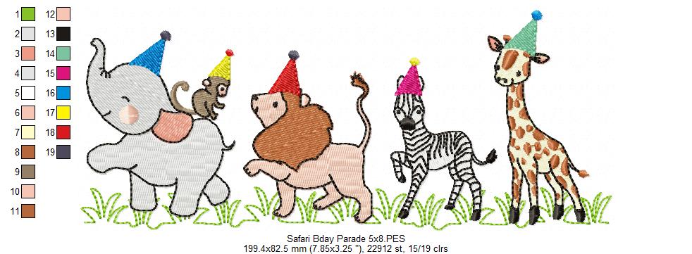 Animals Safari Birthday Parade - Fill Stitch - Machine Embroidery Design
