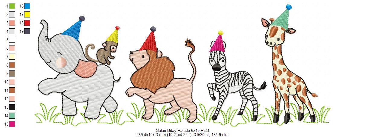 Animals Safari Birthday Parade - Fill Stitch - Machine Embroidery Design